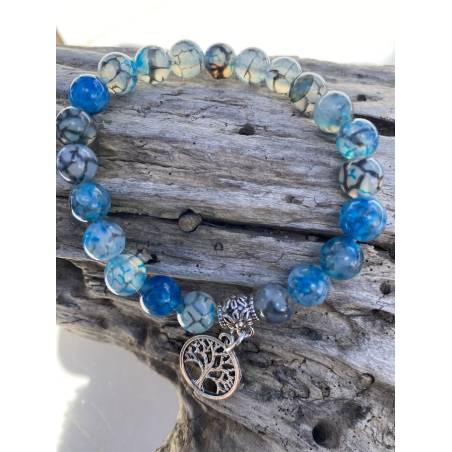 Bracelet Agate Dragon 8mm Arbre Vie Coloris Ciel